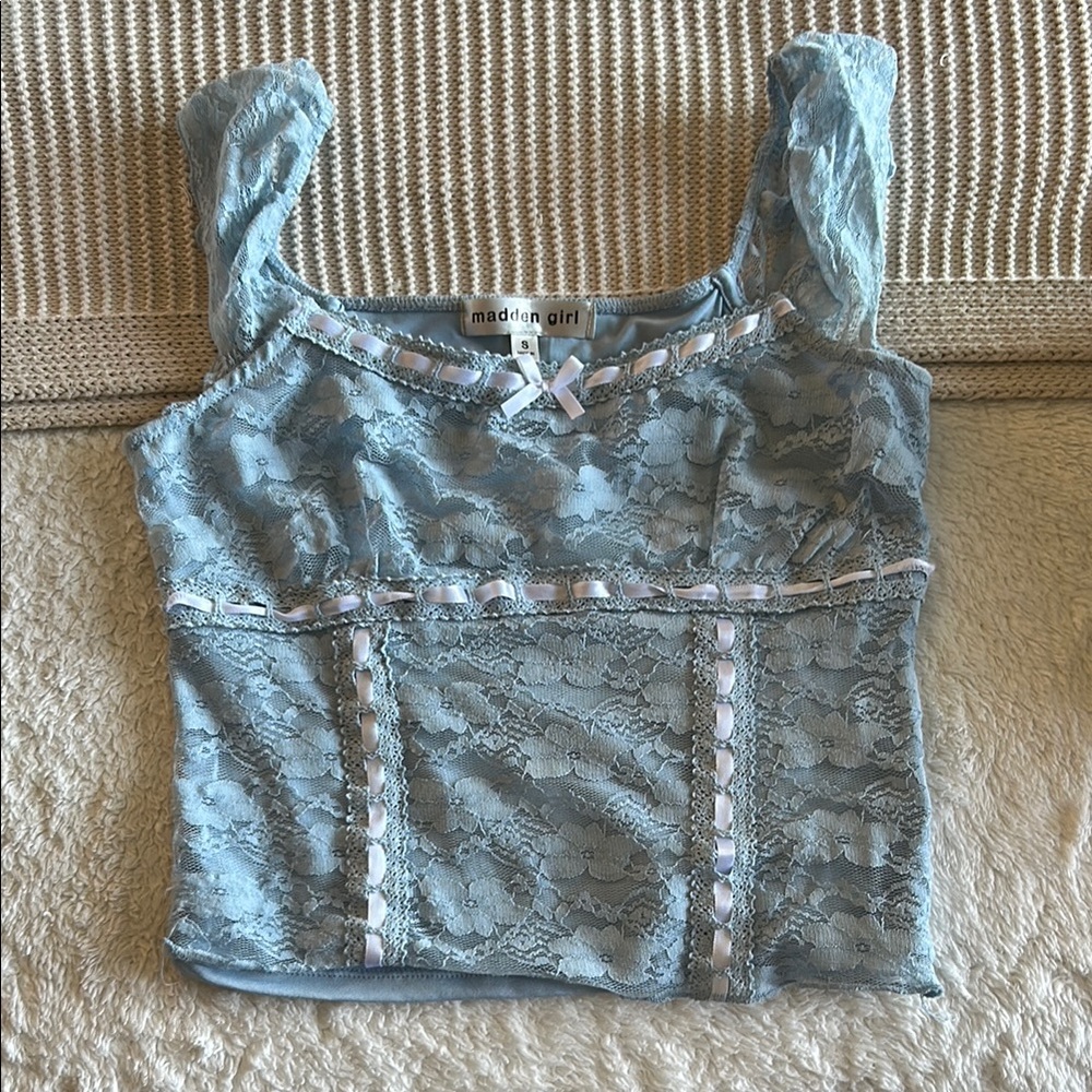 Sky Blue Lace Top with White Bows
